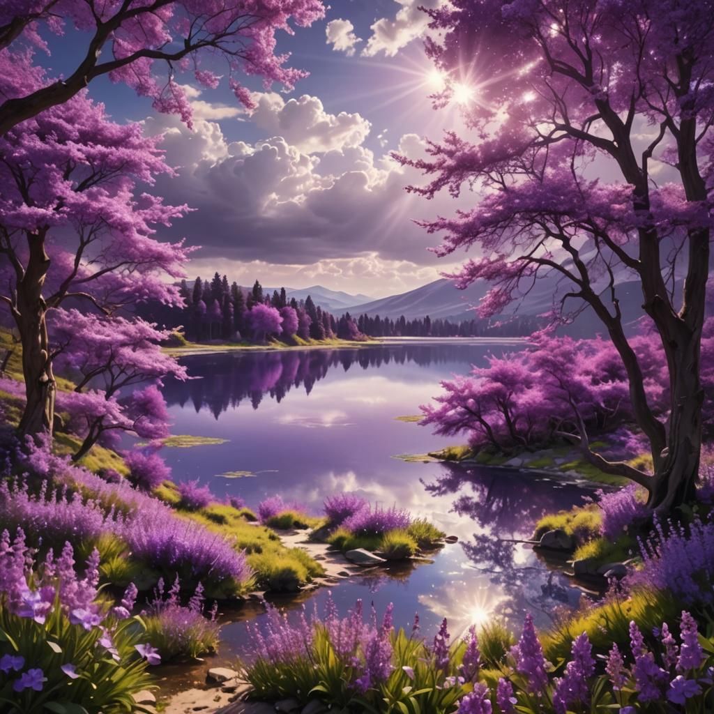 Purple Landscape with Flowers and Heavenly Light