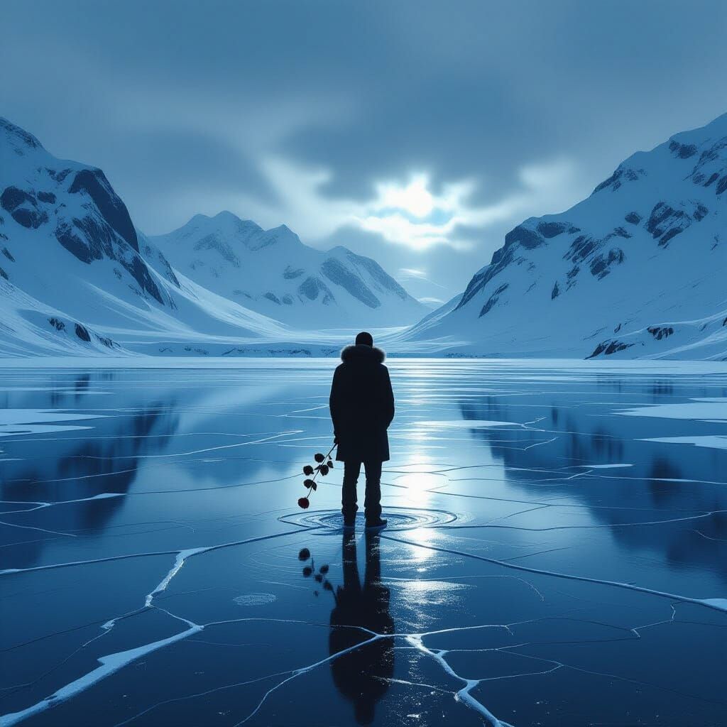 Man with Rose on Cracked Ice in Snowy Mountains