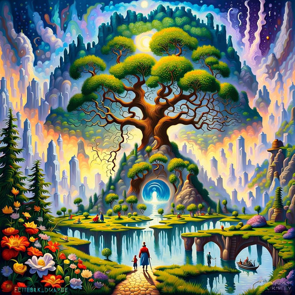 Fantastical Landscapes with Ethereal Trees in Vibrant Oil Pa...