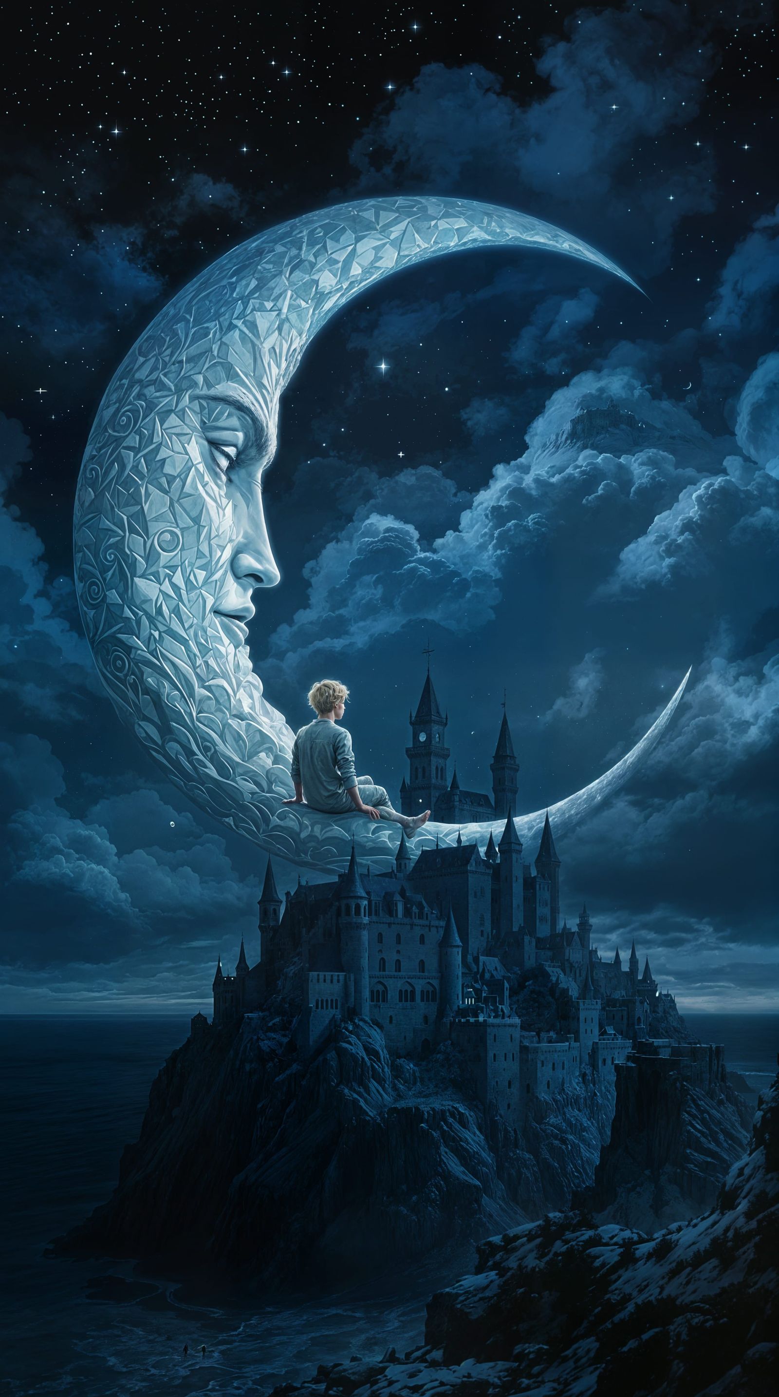 Gothic Night Scene: Boy on Carved Moon