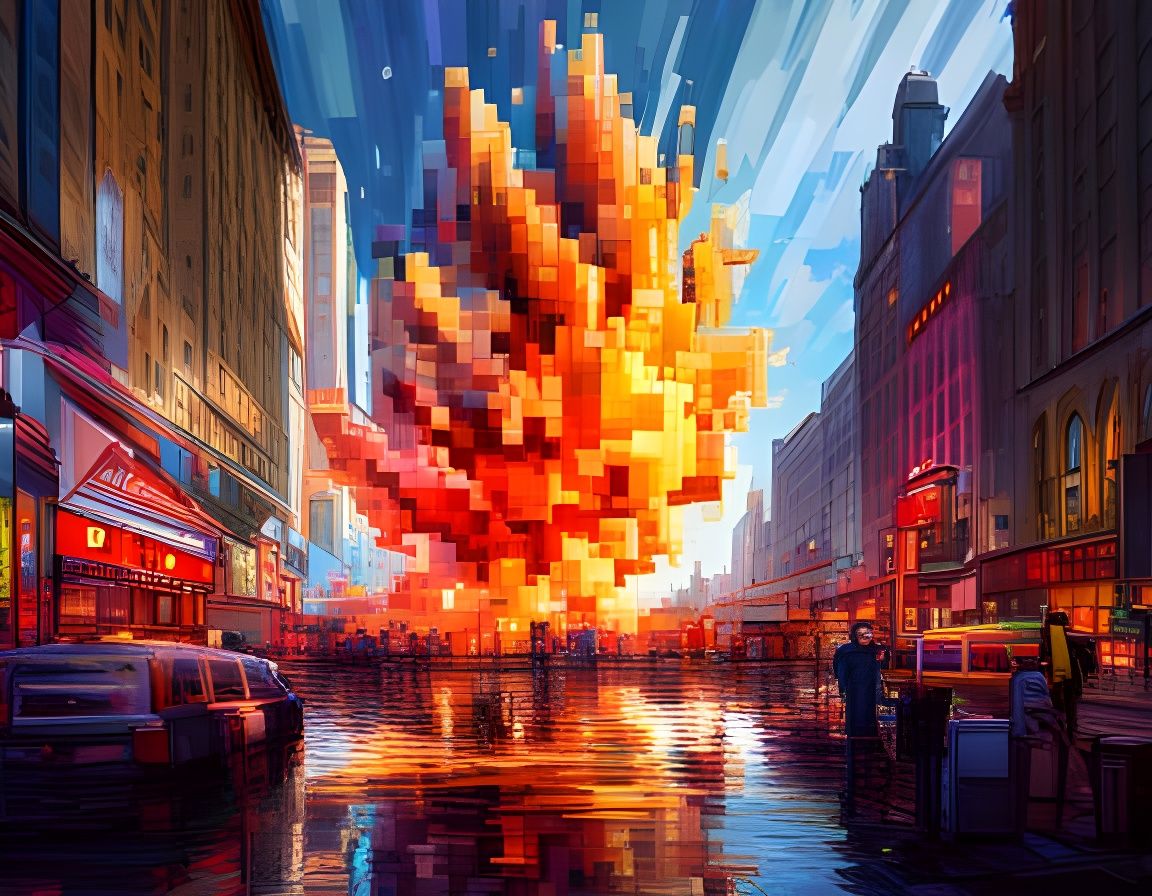 Pixelated Explosion of Light and Color in Cubist Style