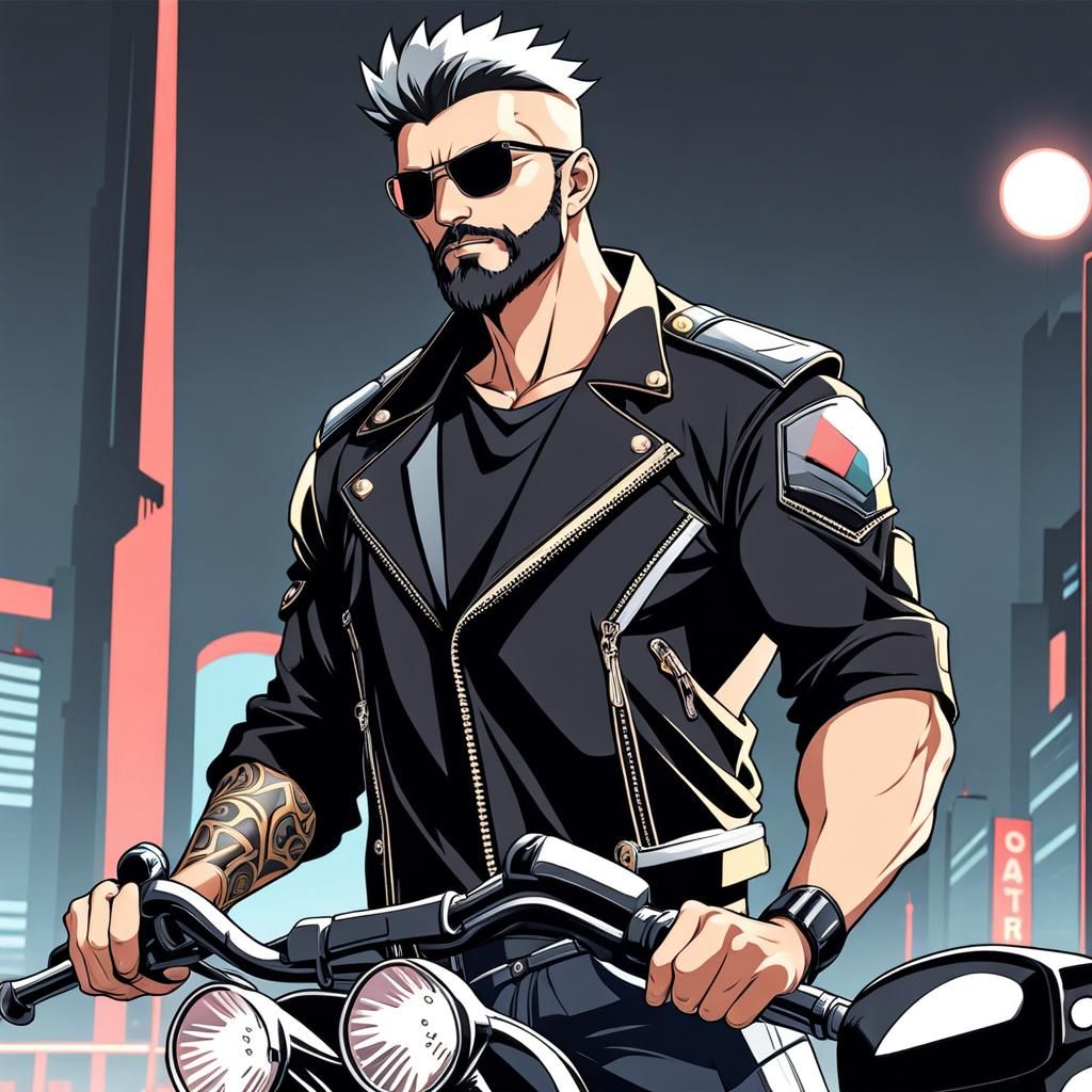 Anime Style 90s Biker with Beard