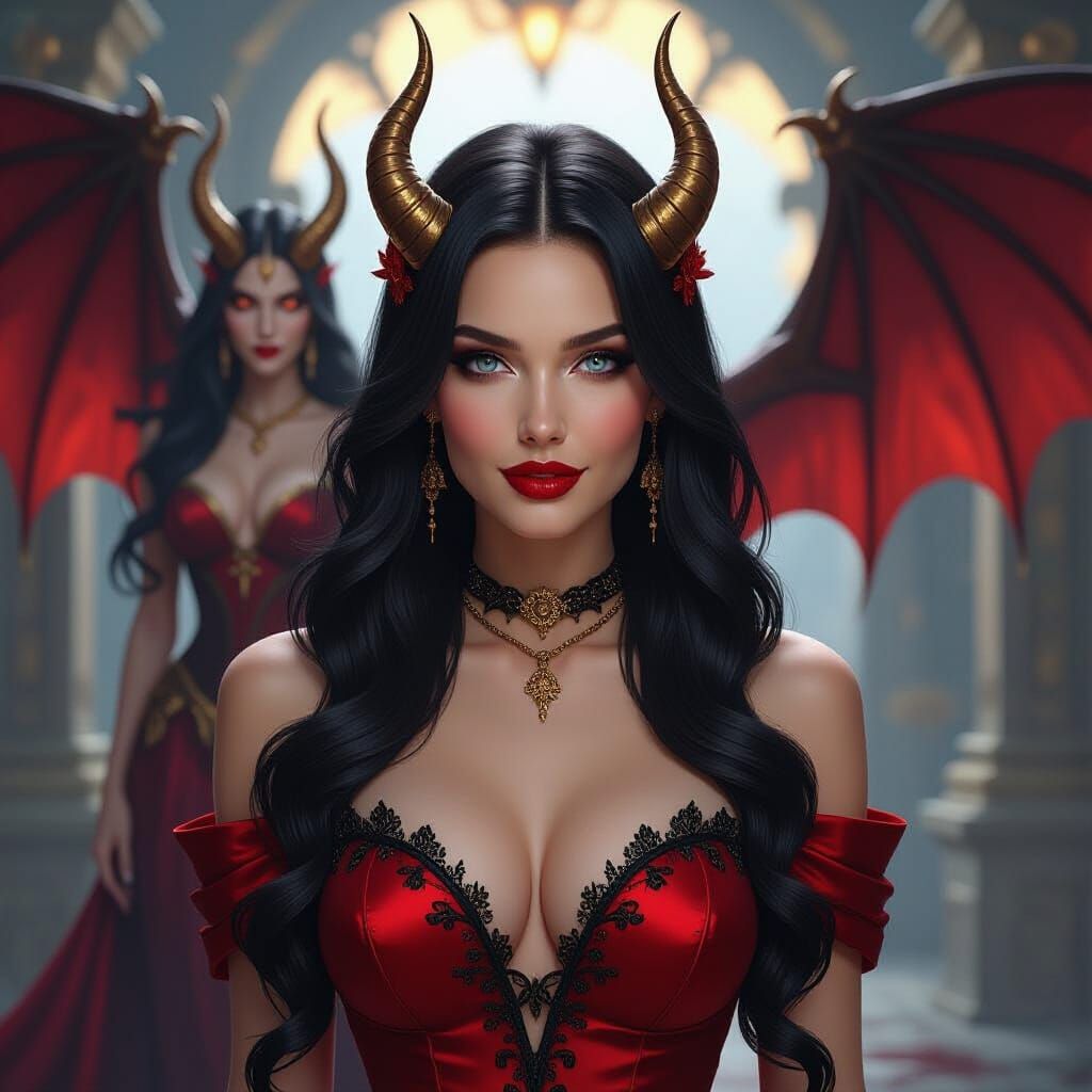 Elegant Woman and Fiery Demon in Dark Fantasy Art