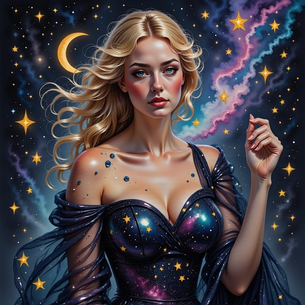Ethereal Blonde Woman with Celestial Paint Splatters