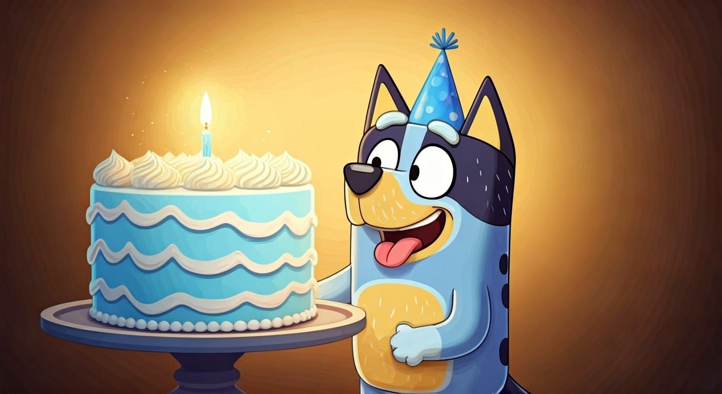 Bluey Celebrates Birthday in Children's Illustration Style
