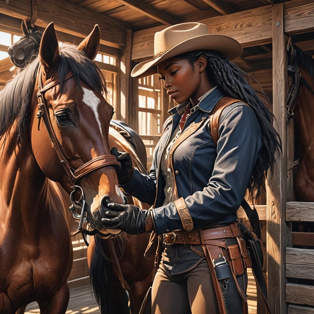 Cowgirl Brushing Horse in Sunlit Stable: Anime Art