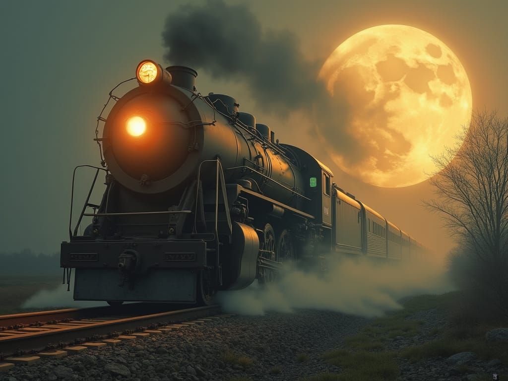 Diesel Locomotive in Moonlit Landscape: Nostalgic Futurism
