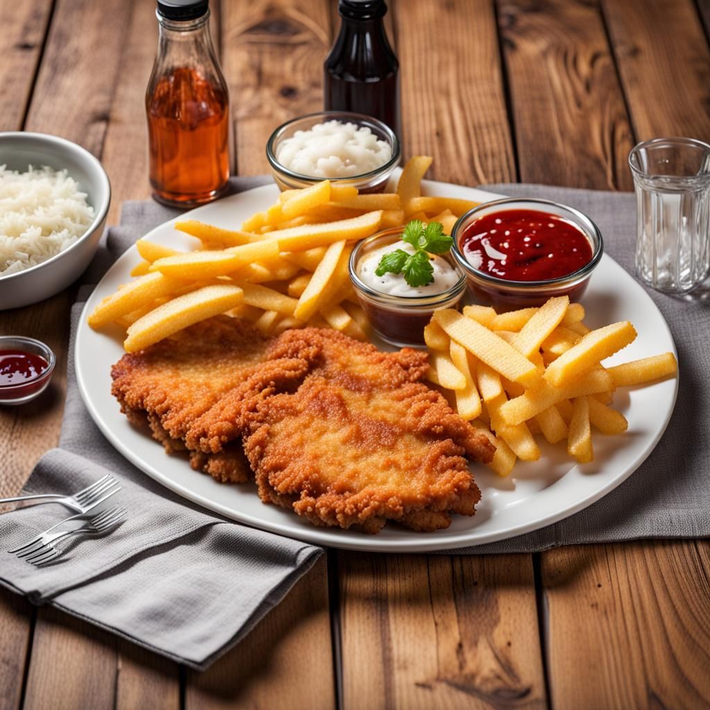 Schnitzel Feast on Glass Plate