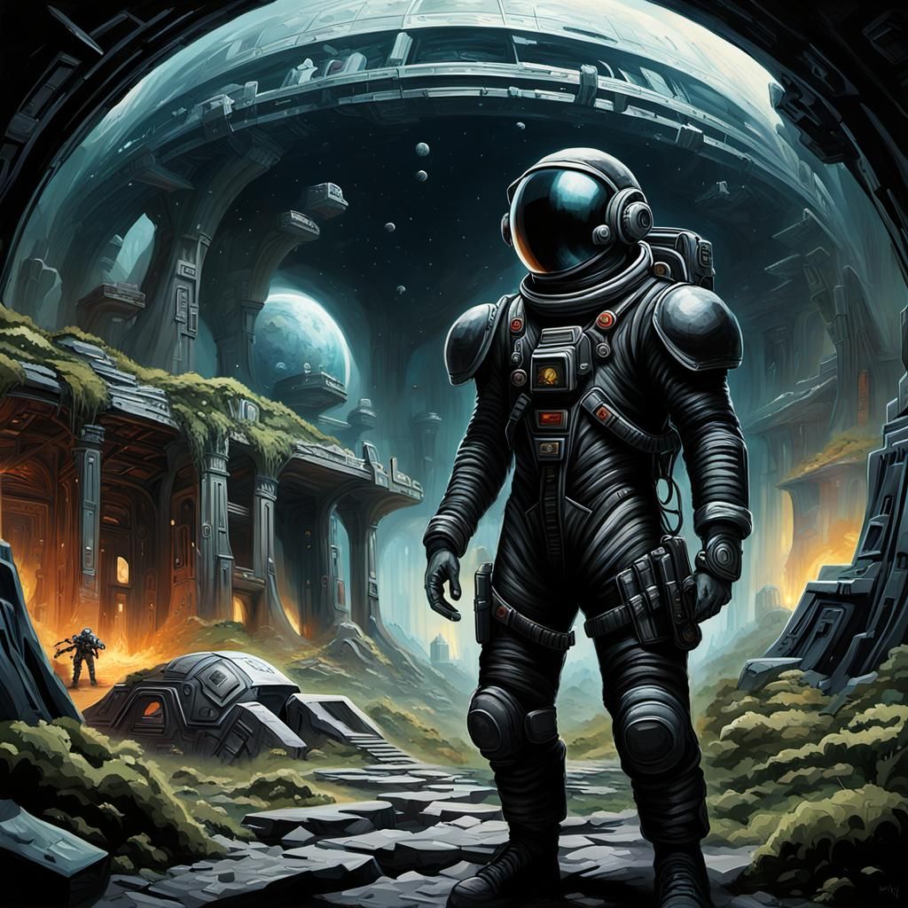 Cyberpunk Soldier Scavenging Alien Ruins in Noir Style