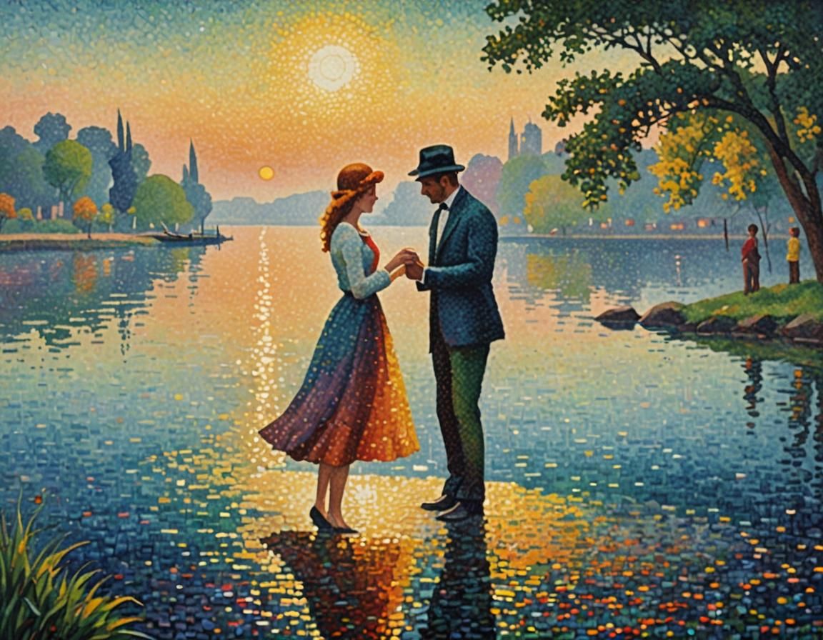 Romantic Couple by Water in Pointillism Style