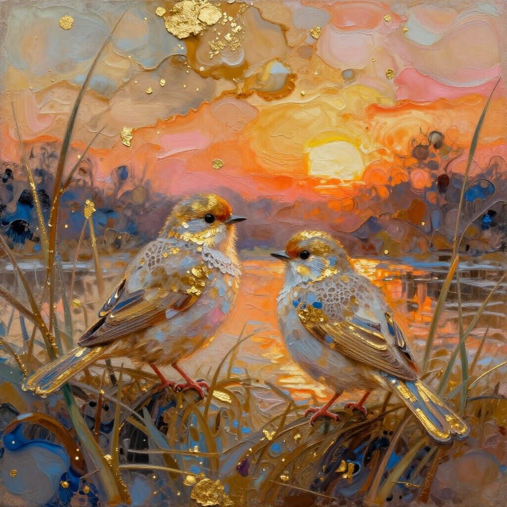 Fluffy Birds on River Grass in Textured Impressionist Style