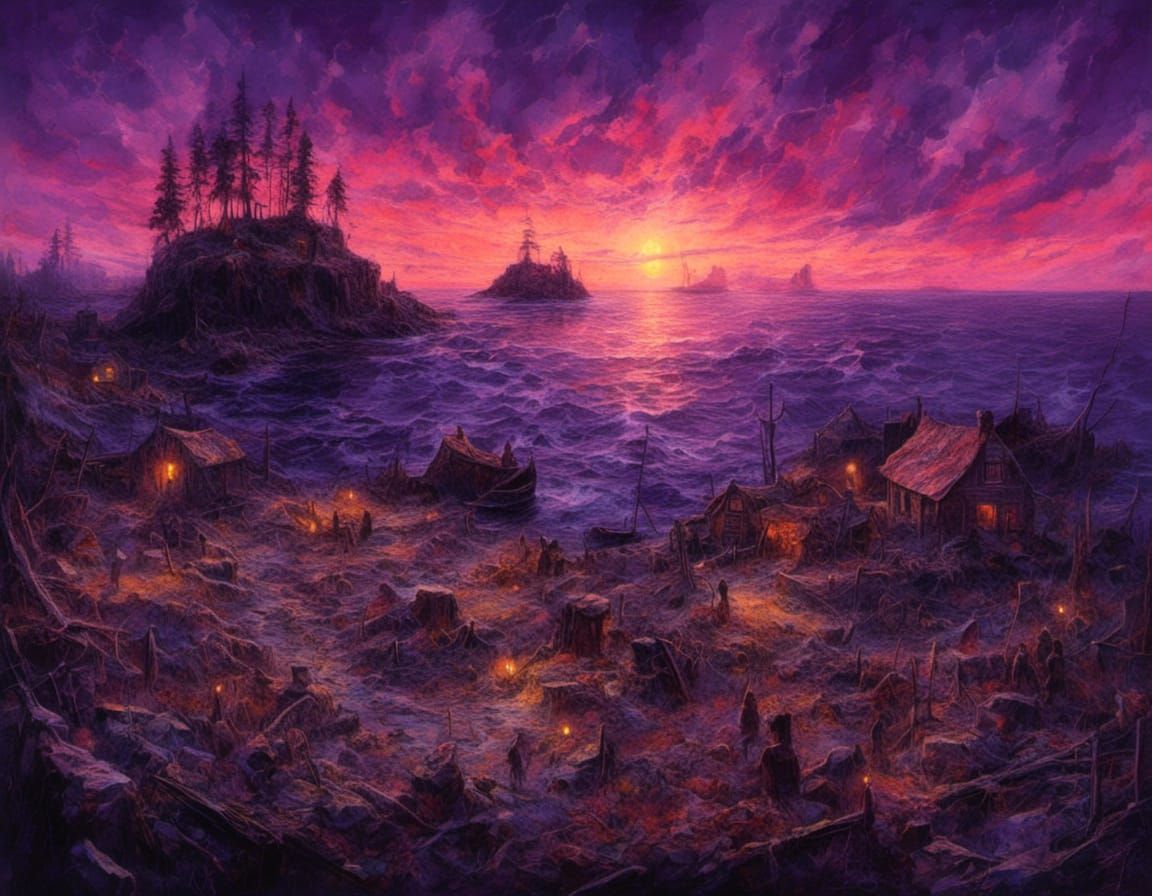 Violet Island at Twilight in Outsider Art Style