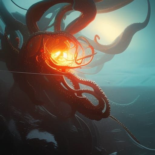 Magical Squid in Swarming Sea: Dark Fantasy Art