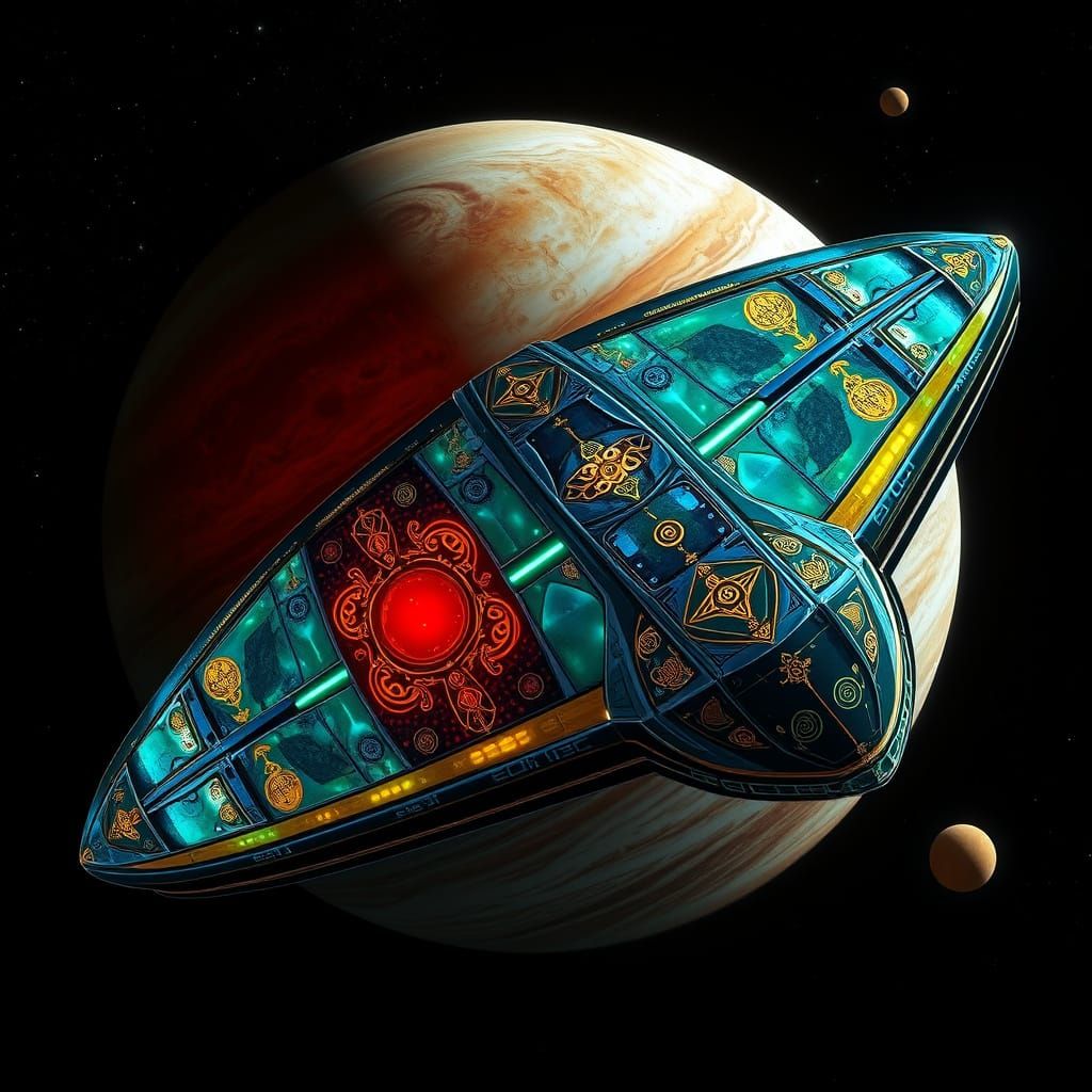 Gustav Klimt-Inspired Cosmic Cruiser in Orbit Around Jupiter