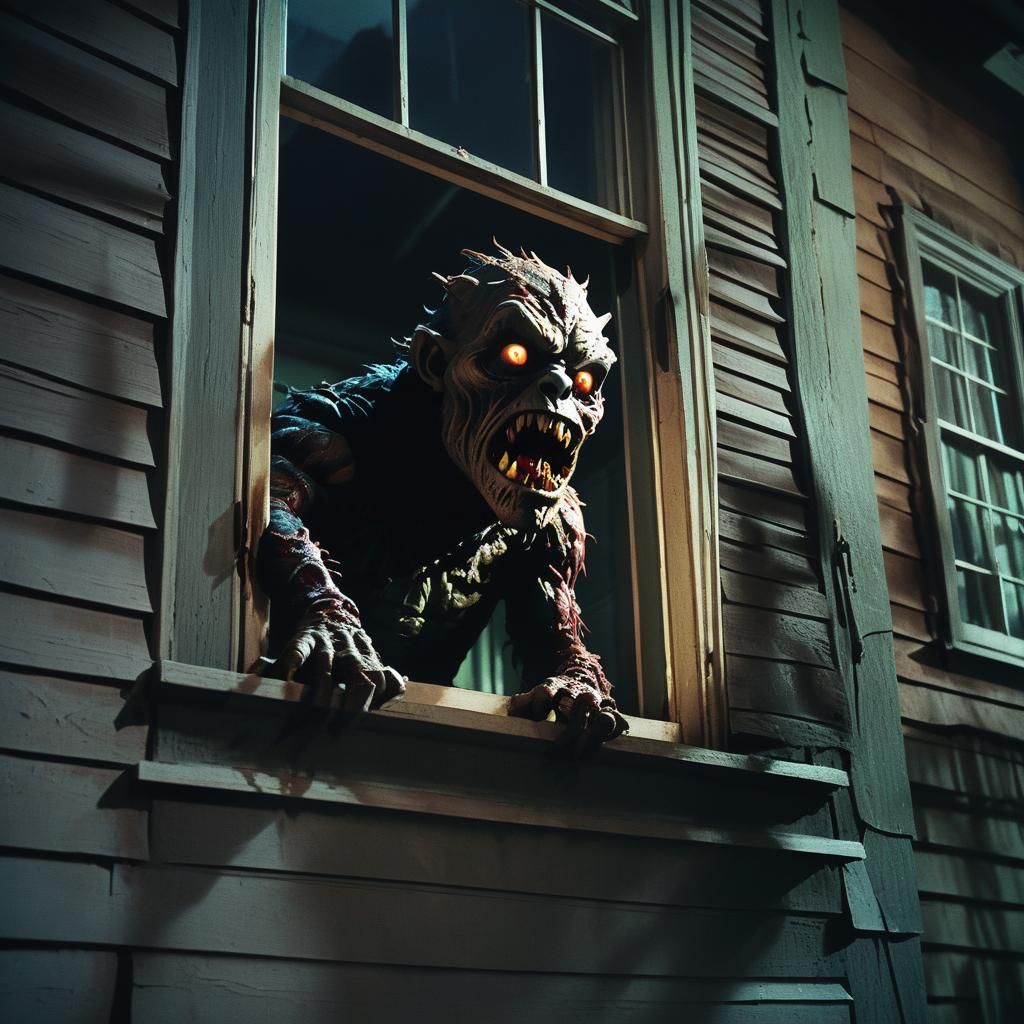 Cinematic Mutant Peering Through Window in Film Noir Style