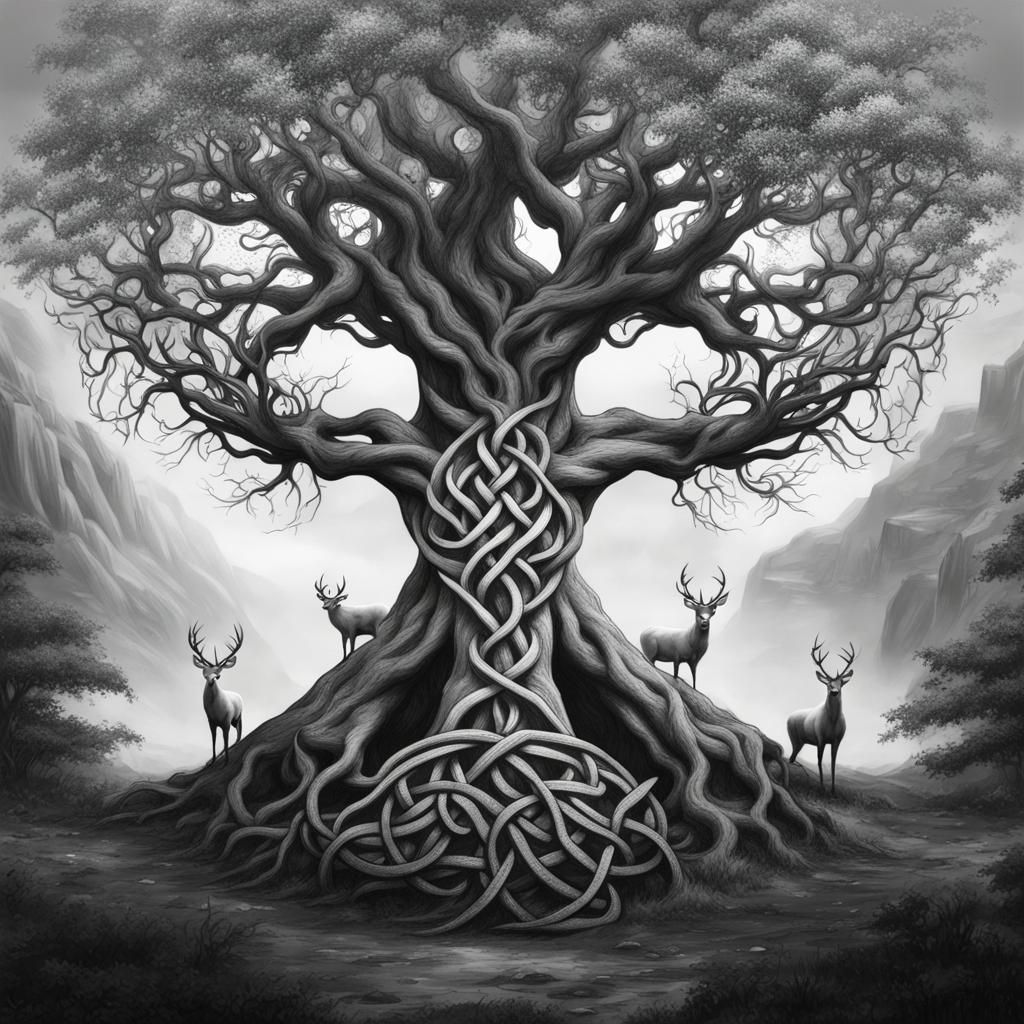 Celtic Knot Tree and Stag Tattoo Design