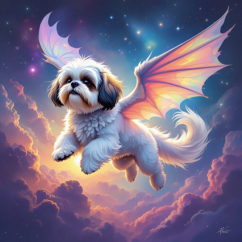 Cosmic Shih Tzu Soaring: An Airbrush Fantasy