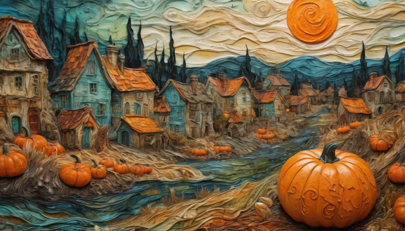 Intricate Pumpkin Carving: Village Scene in Impasto Style