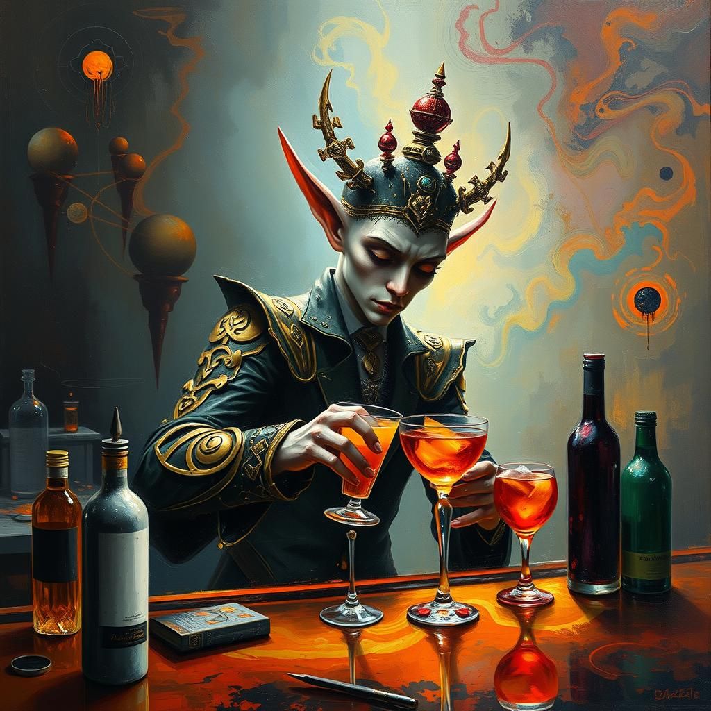 Mystical Elf Bartender in Dystopian Art Deco Style