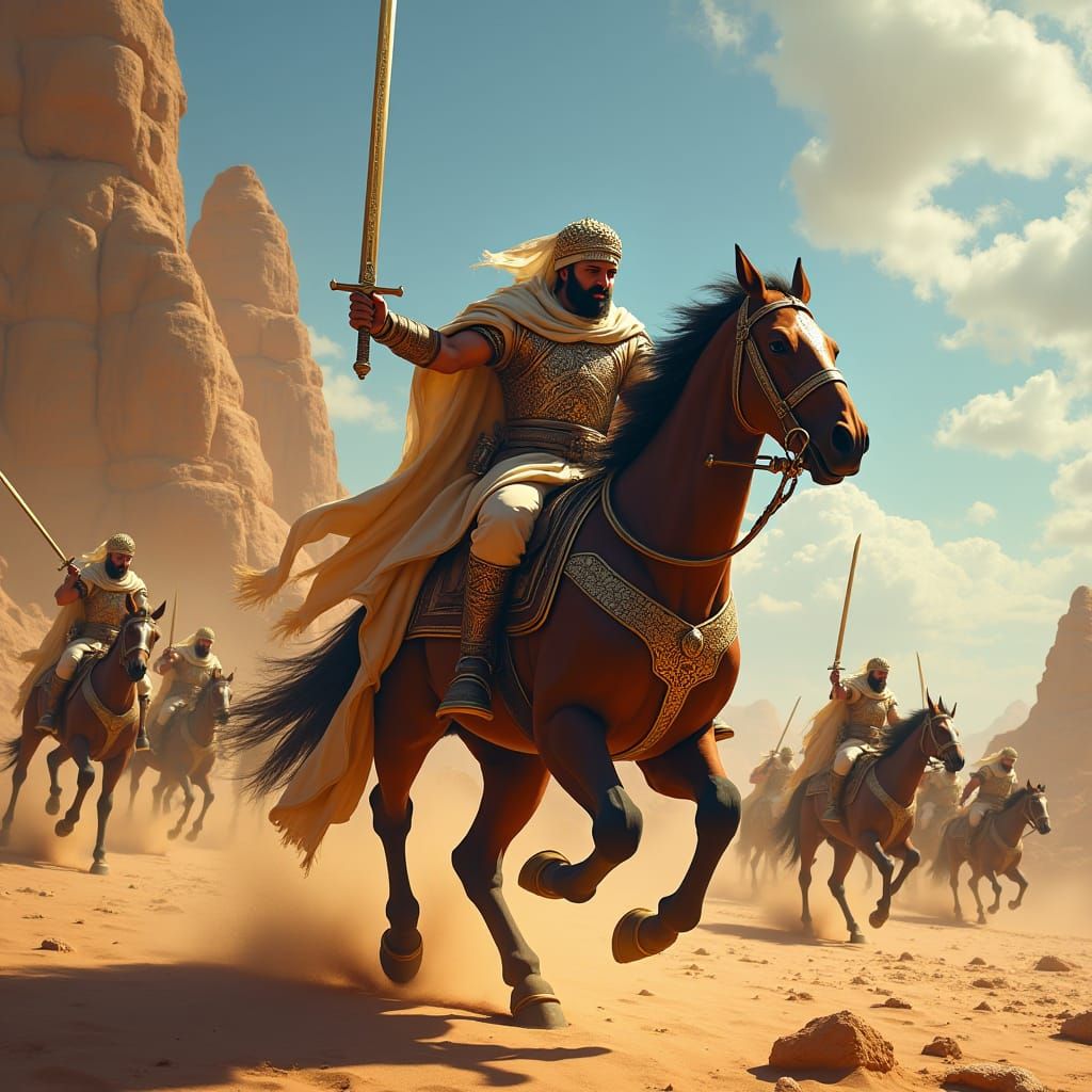 Al-Bara ibn Malik Leads Troops in Desert Battle