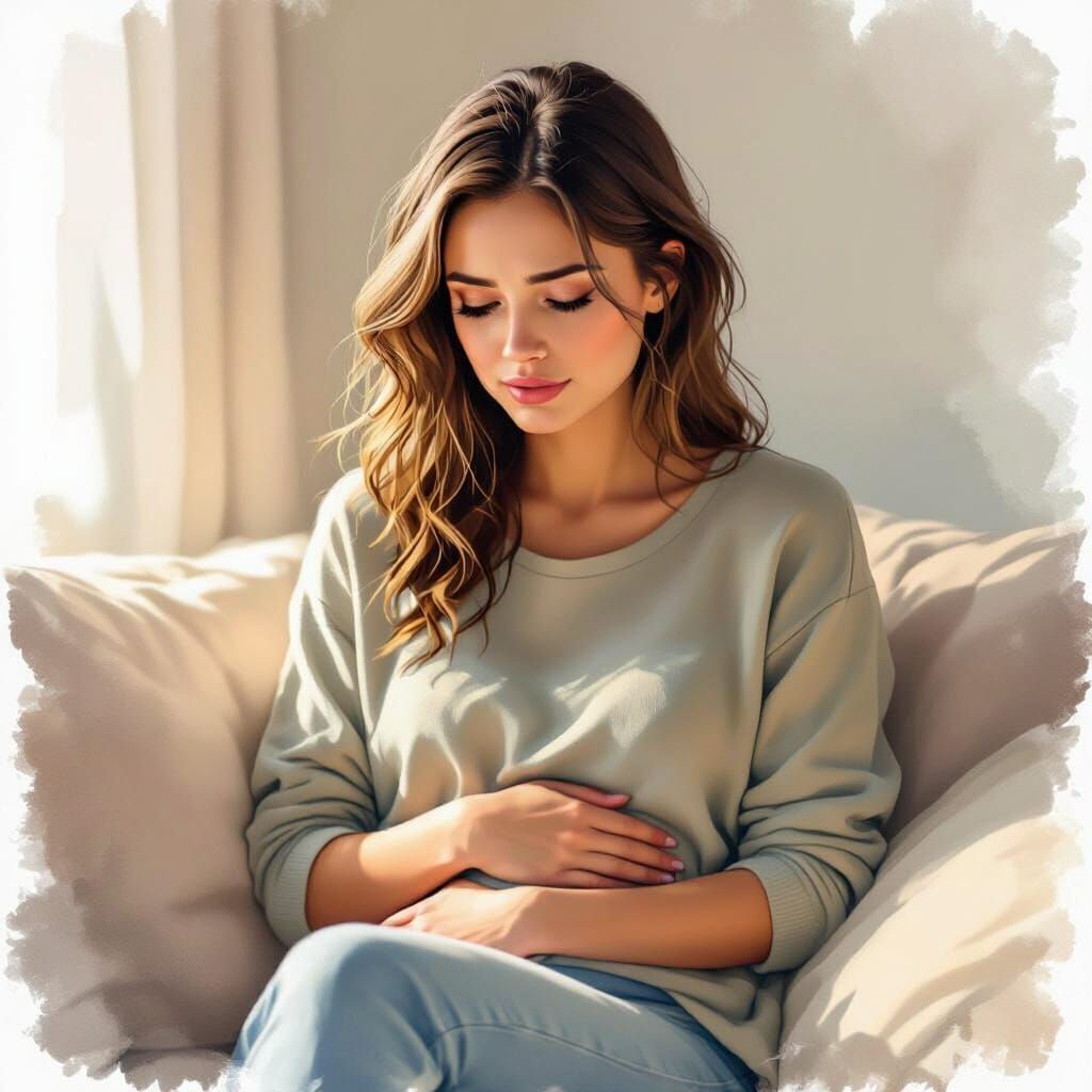 Woman with Gentle Worry in Digital Watercolor Style