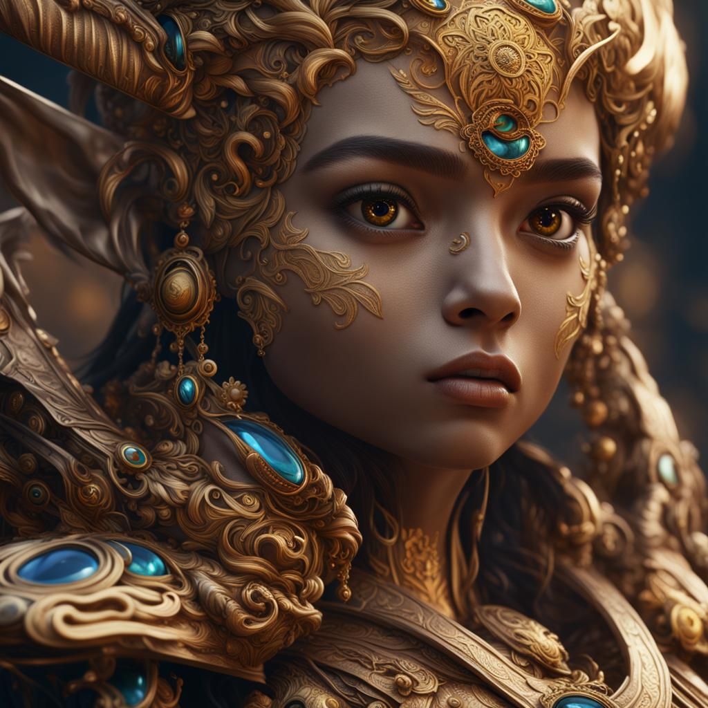 Detailed Close-Up Portrait with Gold Accents