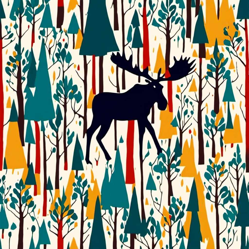 Colorful 2D Screen Print of Moose in Forest