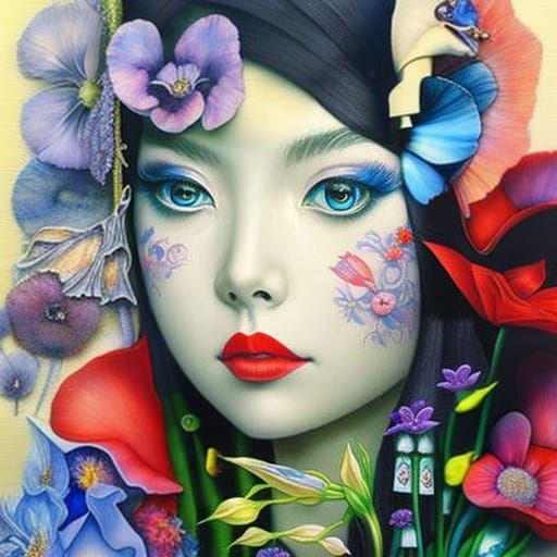 Elfin Princess Swallowed by Polychromatic Flower Collage