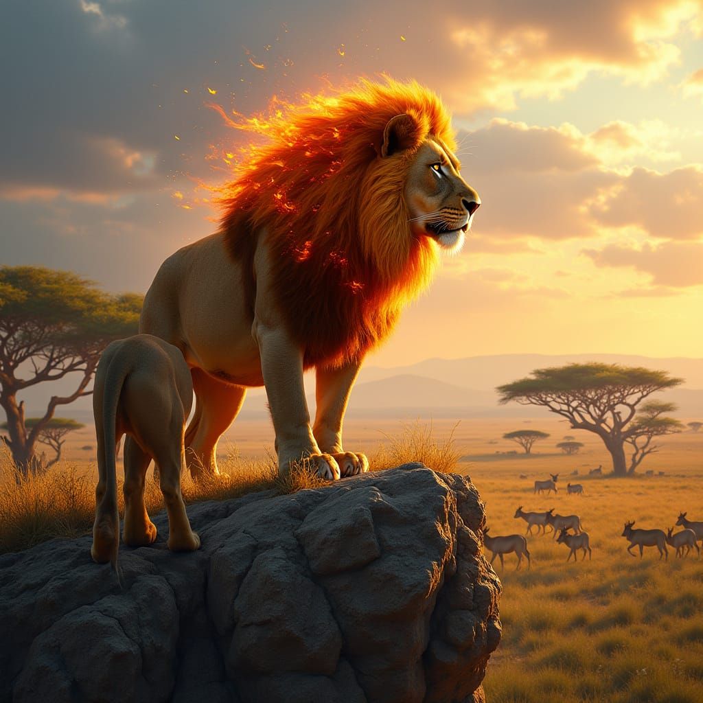 Regal Lion in Fiery Mane, Surveying the African Wilderness