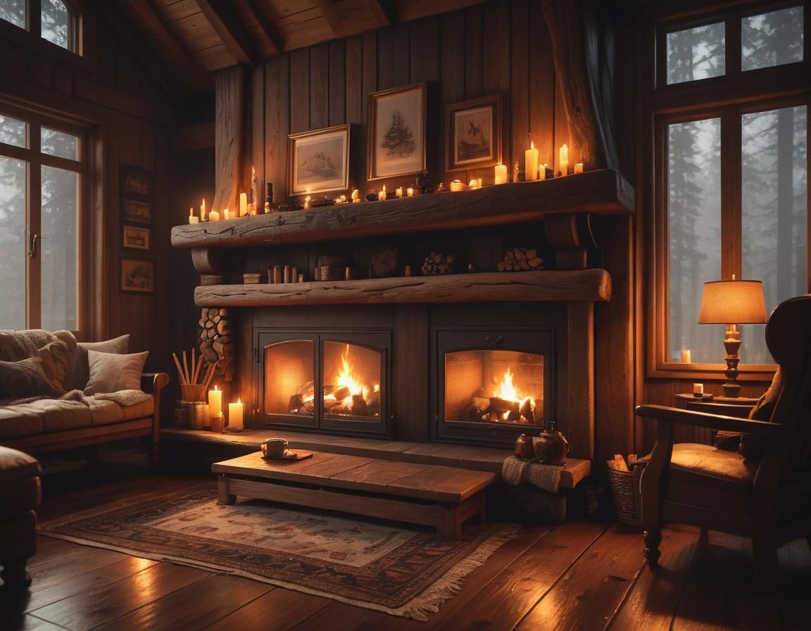 Cozy Forest Cabin Living Room in Hyper-Realism