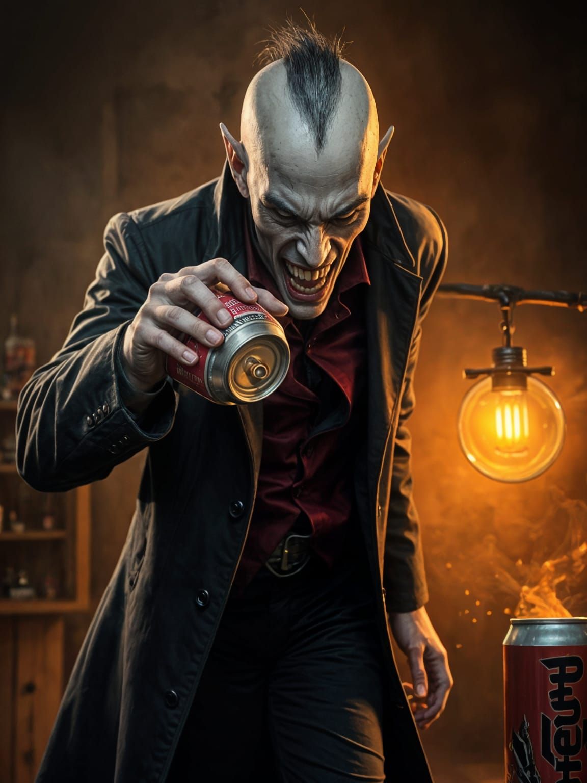 Vampire Opens Beer Can with Teeth