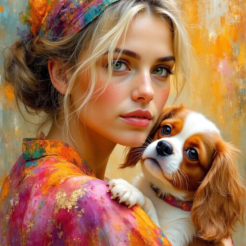 Beautiful Gypsy Woman with Puppy in Dreamy Painting