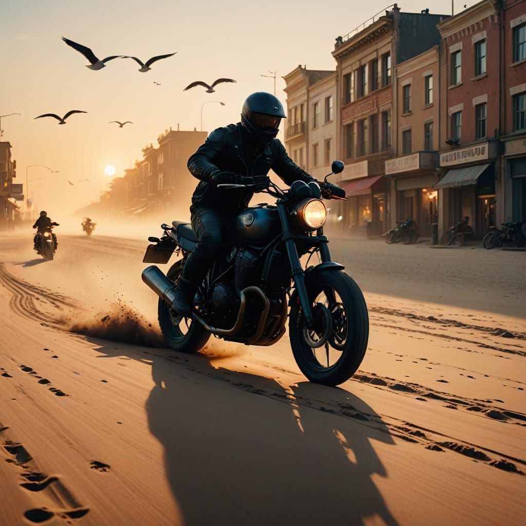 Motorcyclist Cruises Cliffside Road at Twilight