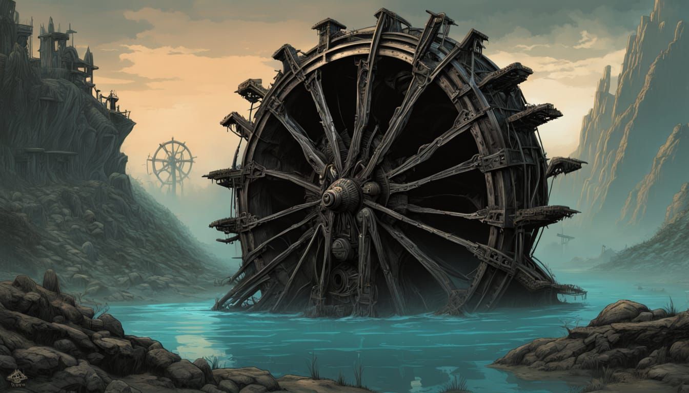 Ethereal Water Wheel in Gothic Hyperdetailed Poster Art