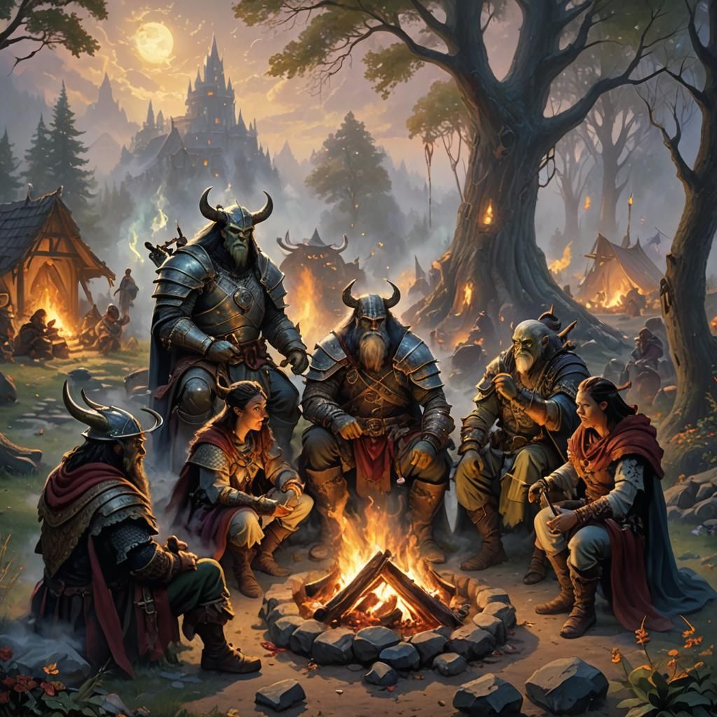 Fantasy Party Around Campfire in Ethereal Style