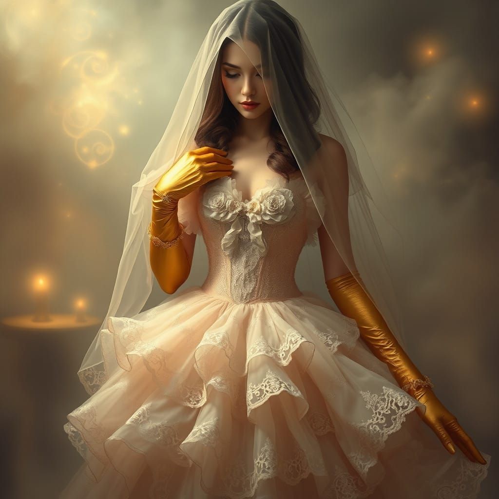 Ethereal Woman in Golden Gloves and Ruffled Tutu