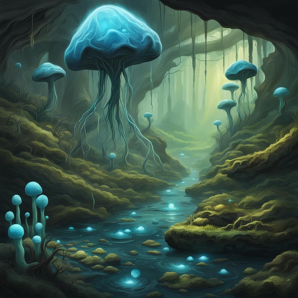 Bioluminescent Fungi Ecosystem on Alien Exoplanet