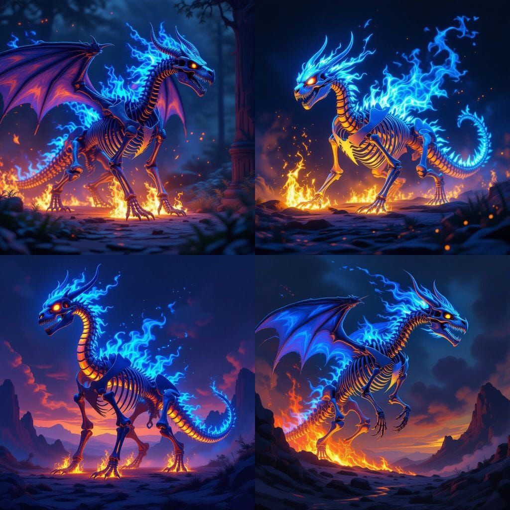 Living Blue Fire Dragon Skeleton in Dark Fantasy Style