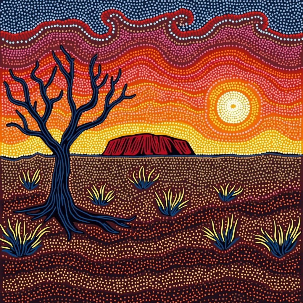 Uluru Sunset in Australian Aboriginal Art