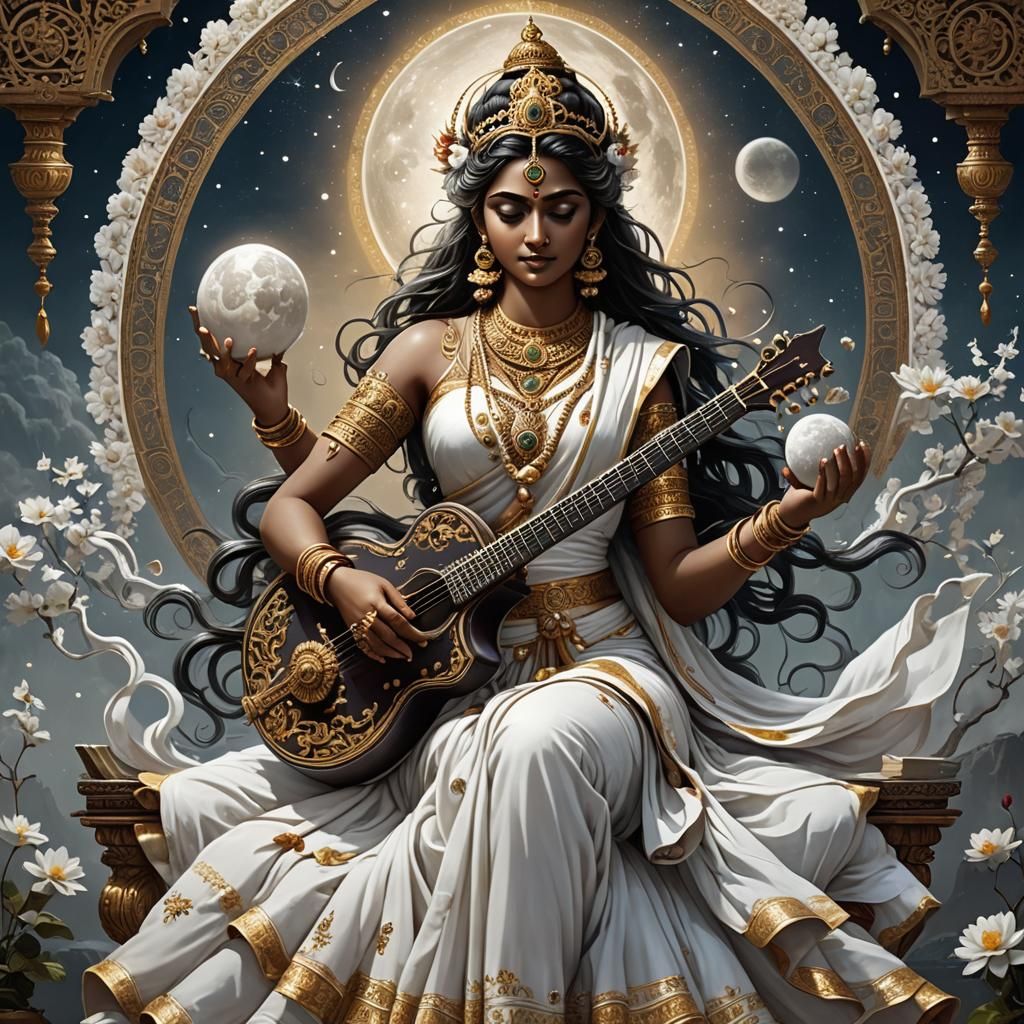 Radiant Goddess Saraswati with Book: Digital Art