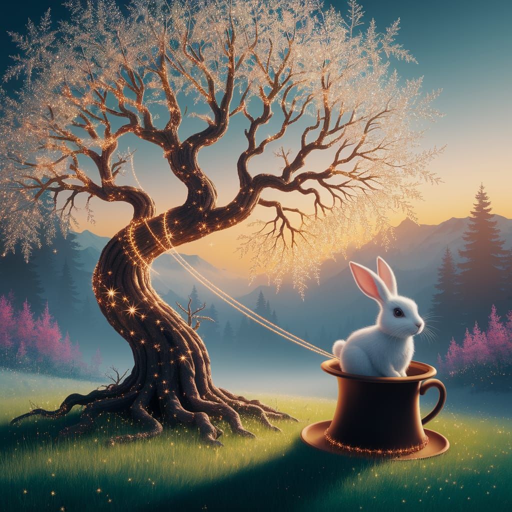 Whimsical Tree Conjures White Rabbit from Hat in Enchanted F...