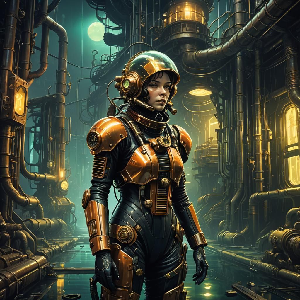 Sci-Fi Diver Explores Underwater City in Art Deco Style