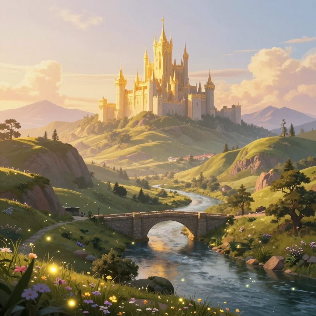 Golden Castle Landscape at Golden Hour in Storybook Art Styl...