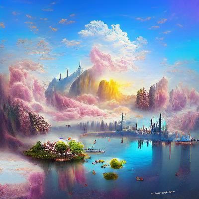 Ethereal Cityscape Painting with Lush Landscape
