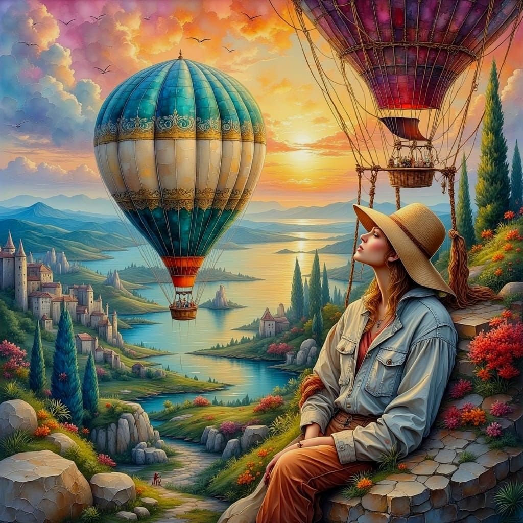 Hot Air Balloon Ride at Sunrise: Impasto Watercolor