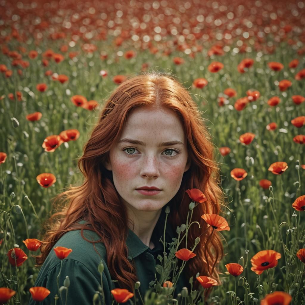 Miniature Redhead in Poppy Field, Impressionist Style