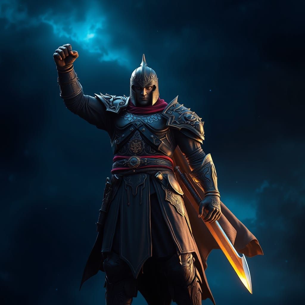 Dark Fantasy Warrior in Stormy Night Sky
