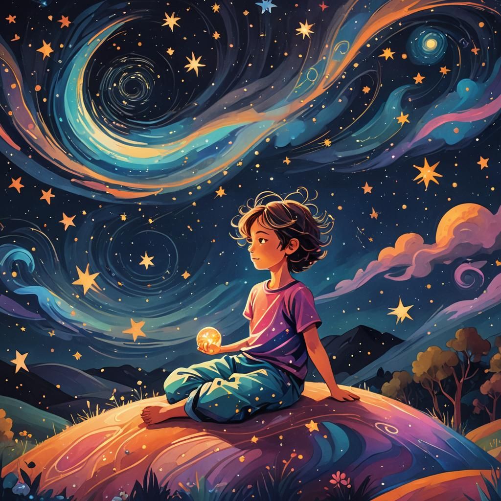 Child Stargazing in Astral Cosmic Illustration