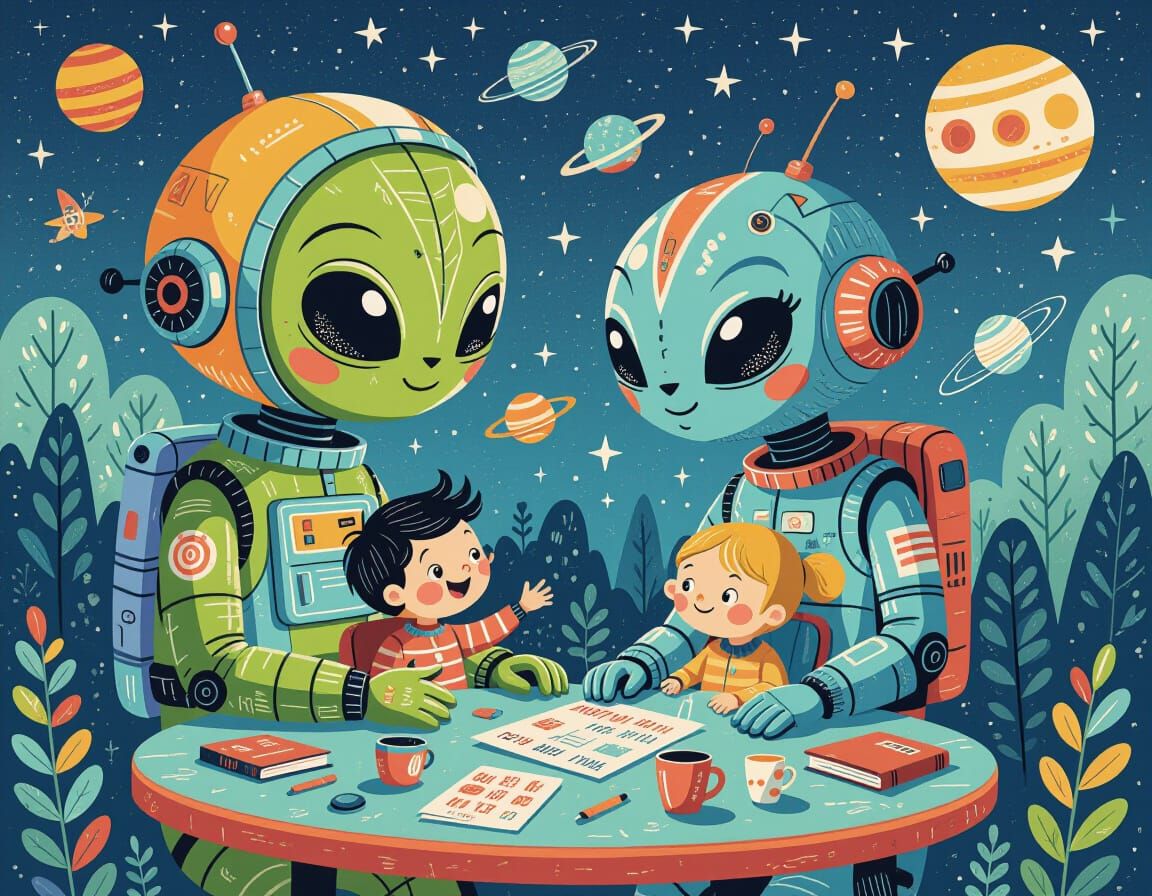 Alien Father Teaches Children to Fly: Color Pencil Drawing