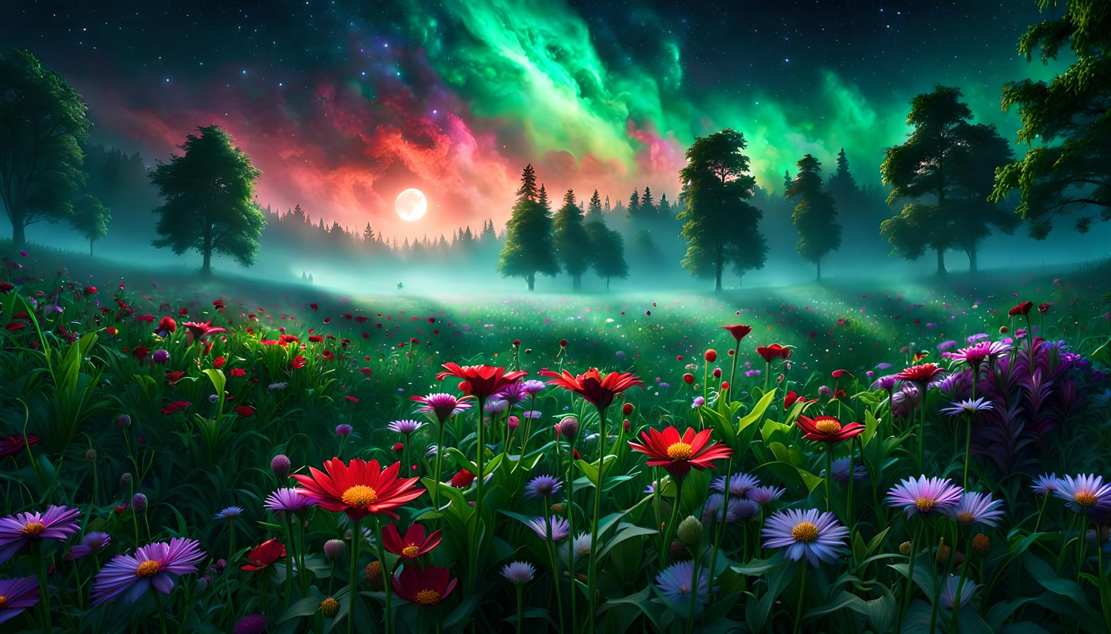 Mysterious Foggy Flower Meadow Under Galaxy Night Sky
